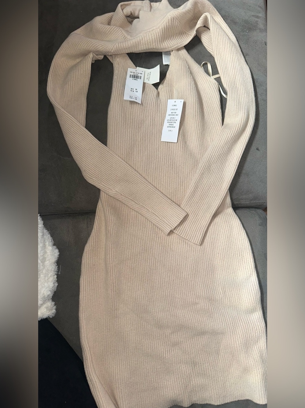 Abercrombie & Fitch Ribbed Long Sleeve Bodycon Dress - Beige